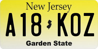 NJ license plate A18KOZ