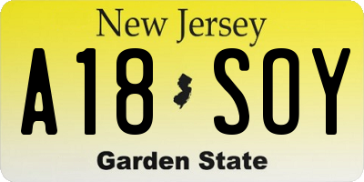 NJ license plate A18SOY