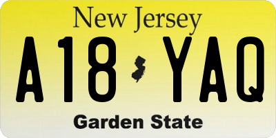 NJ license plate A18YAQ