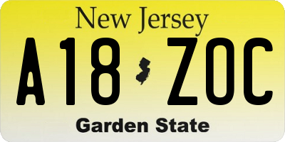 NJ license plate A18ZOC