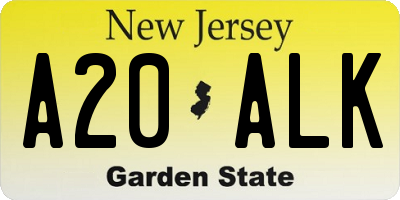 NJ license plate A20ALK
