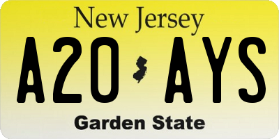 NJ license plate A20AYS
