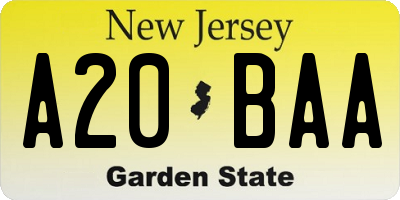 NJ license plate A20BAA