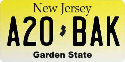NJ license plate A20BAK