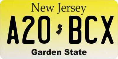 NJ license plate A20BCX