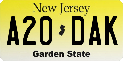 NJ license plate A20DAK