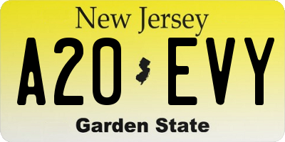 NJ license plate A20EVY