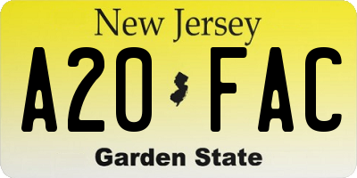 NJ license plate A20FAC