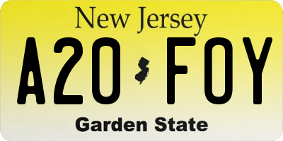 NJ license plate A20FOY