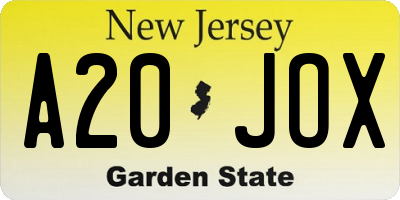 NJ license plate A20JOX