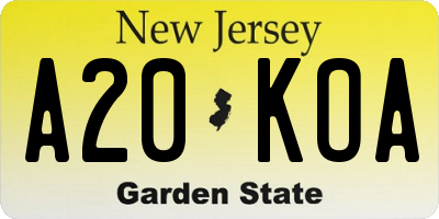 NJ license plate A20KOA