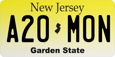 NJ license plate A20MON