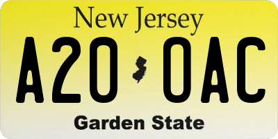 NJ license plate A20OAC