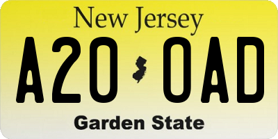 NJ license plate A20OAD