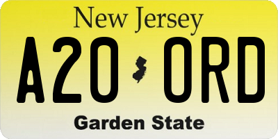 NJ license plate A20ORD