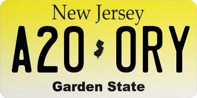 NJ license plate A20ORY