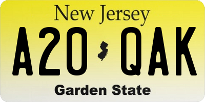 NJ license plate A20QAK