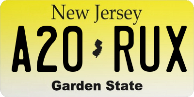 NJ license plate A20RUX