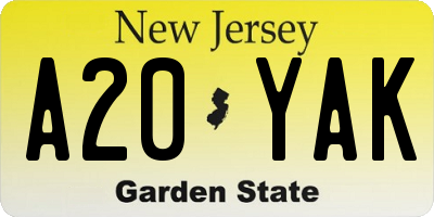 NJ license plate A20YAK