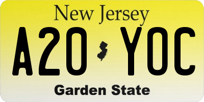 NJ license plate A20YOC