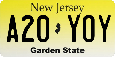 NJ license plate A20YOY