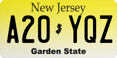 NJ license plate A20YQZ