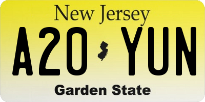 NJ license plate A20YUN