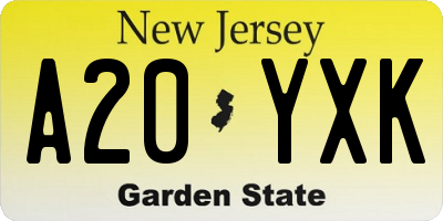 NJ license plate A20YXK