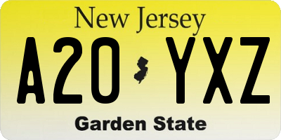 NJ license plate A20YXZ