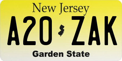 NJ license plate A20ZAK
