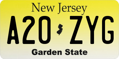 NJ license plate A20ZYG