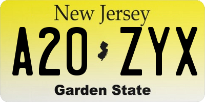 NJ license plate A20ZYX