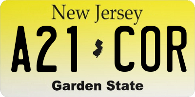NJ license plate A21COR