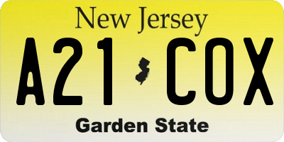NJ license plate A21COX