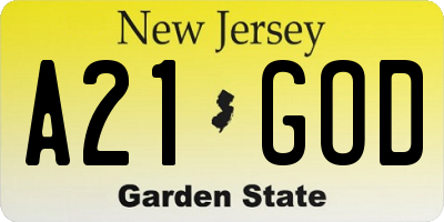 NJ license plate A21GOD