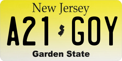 NJ license plate A21GOY