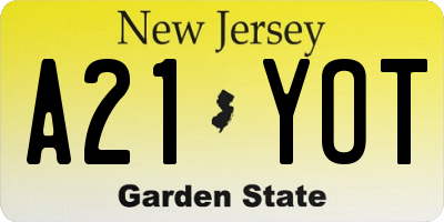 NJ license plate A21YOT