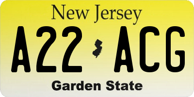 NJ license plate A22ACG