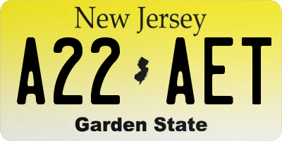 NJ license plate A22AET