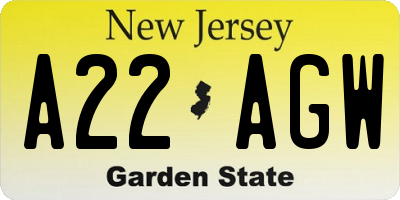 NJ license plate A22AGW