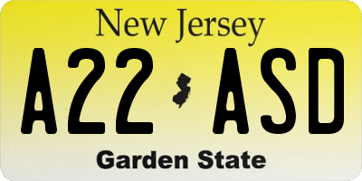 NJ license plate A22ASD