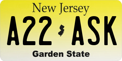 NJ license plate A22ASK