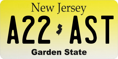 NJ license plate A22AST