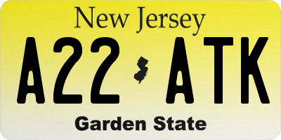 NJ license plate A22ATK