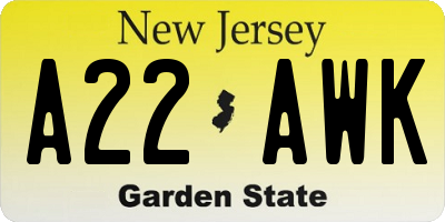 NJ license plate A22AWK