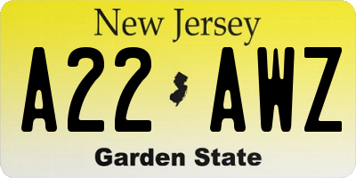 NJ license plate A22AWZ