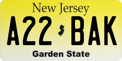 NJ license plate A22BAK