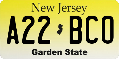 NJ license plate A22BCO