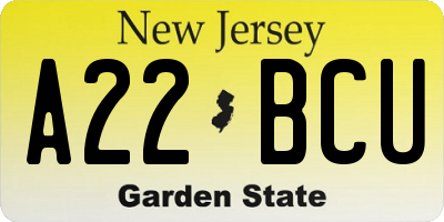 NJ license plate A22BCU