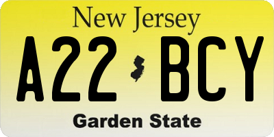 NJ license plate A22BCY